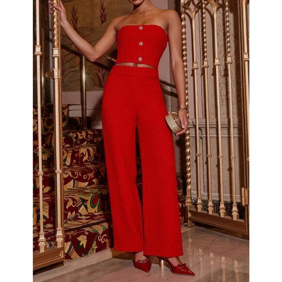 Vici Pants - VICI Tweed Tube Top and Matching Wide Leg Pants Set Red Medium